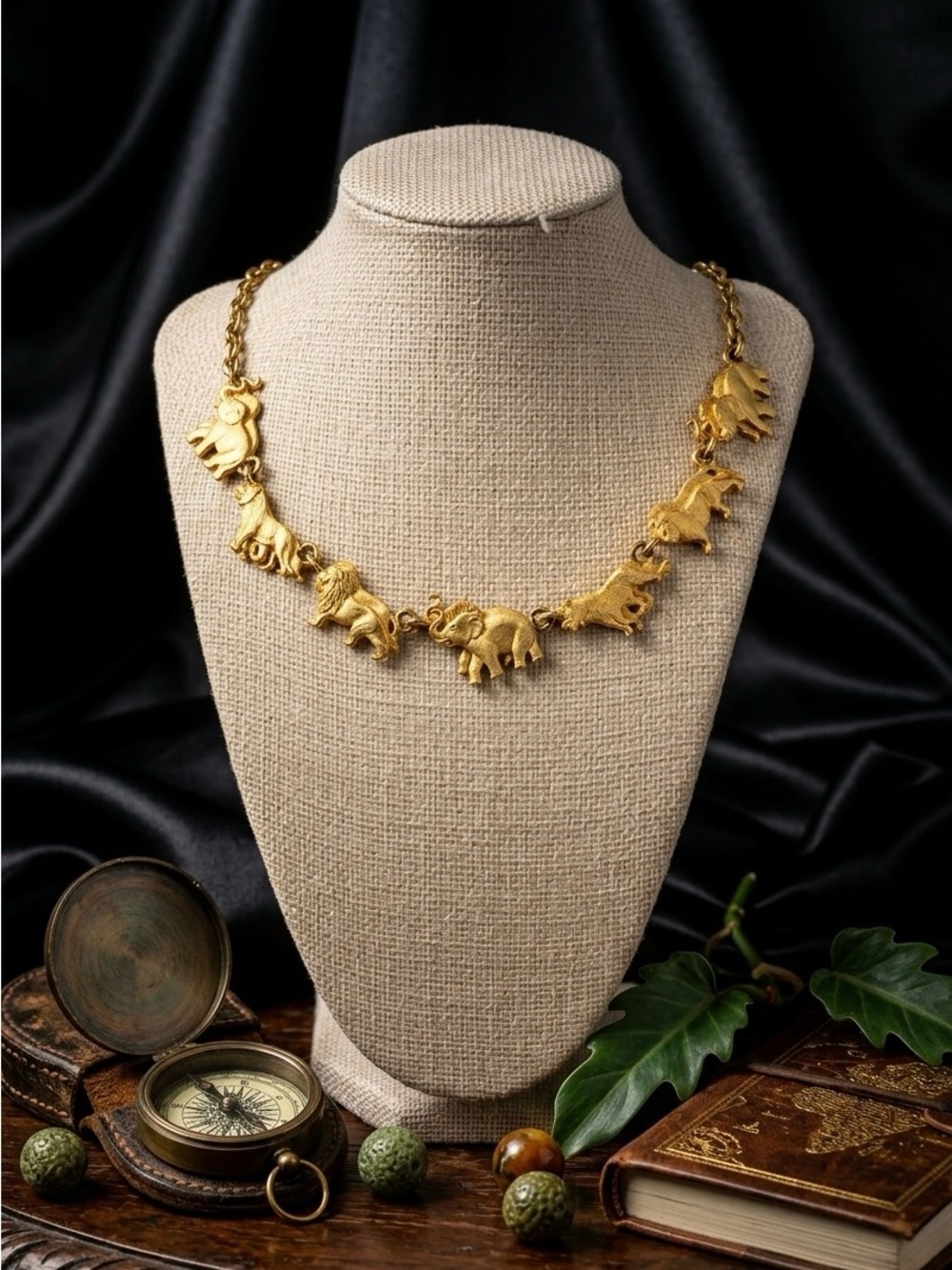 Vintage Matte Gold Elephant Charm Necklace